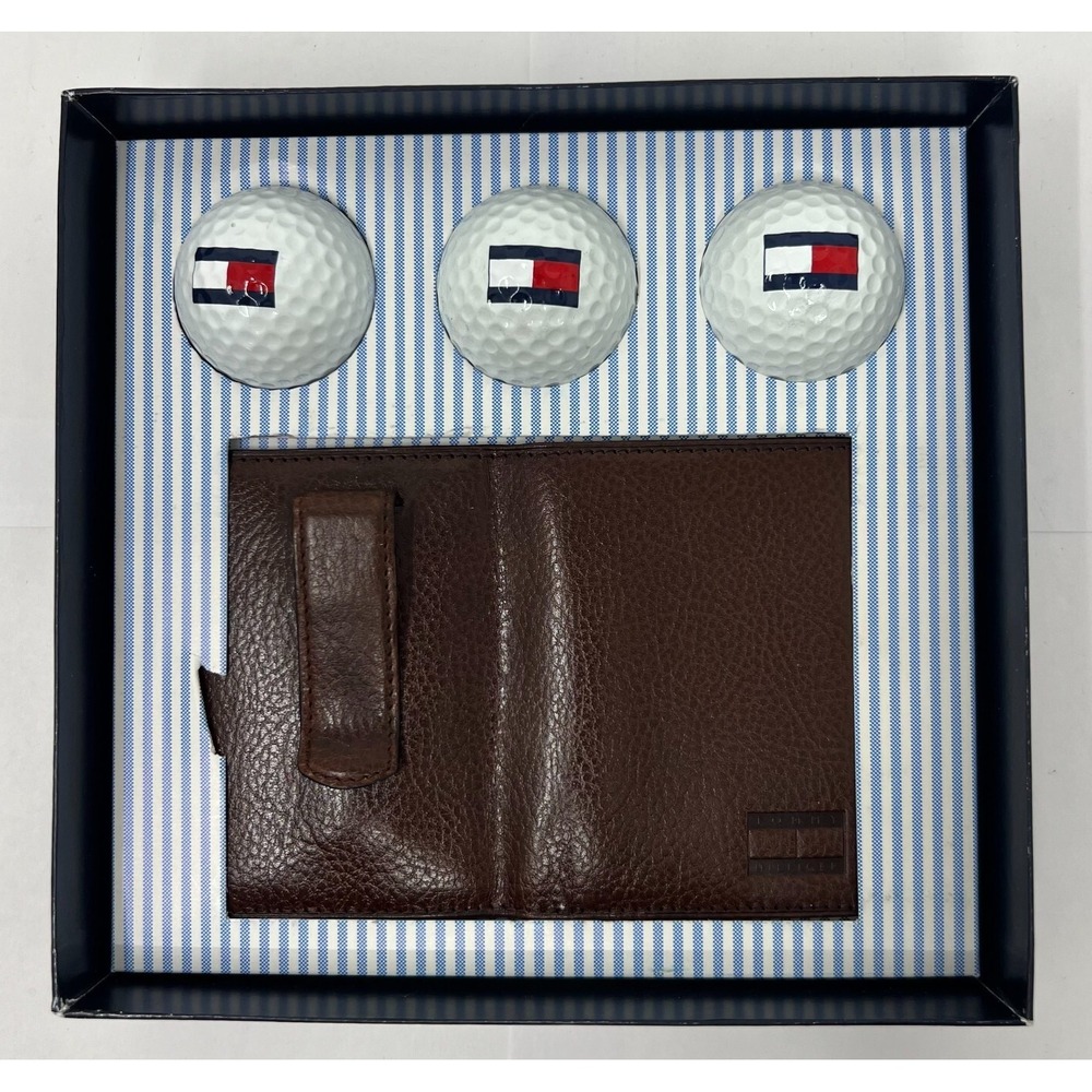 Tommy Hilfiger Gift Box 3 Golf Balls&Leather Card Holder with Logo Brown VTG NWT